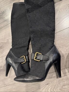 Just Cavalli Black Over-the-Knee Stiletto Boots with Gold Buckle